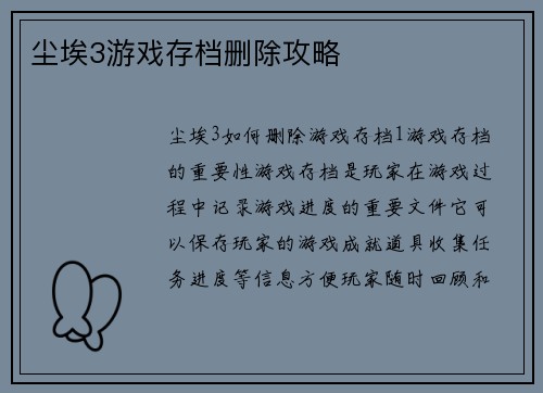 尘埃3游戏存档删除攻略