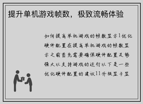 提升单机游戏帧数，极致流畅体验