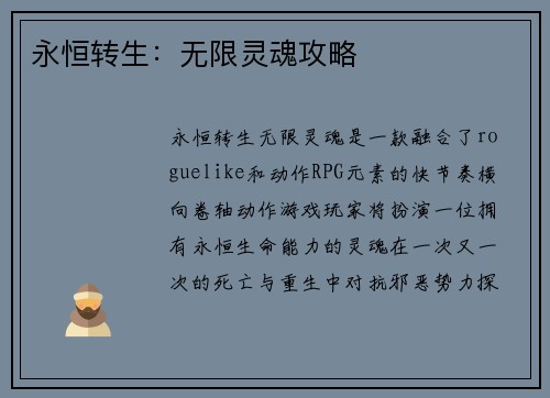 永恒转生：无限灵魂攻略